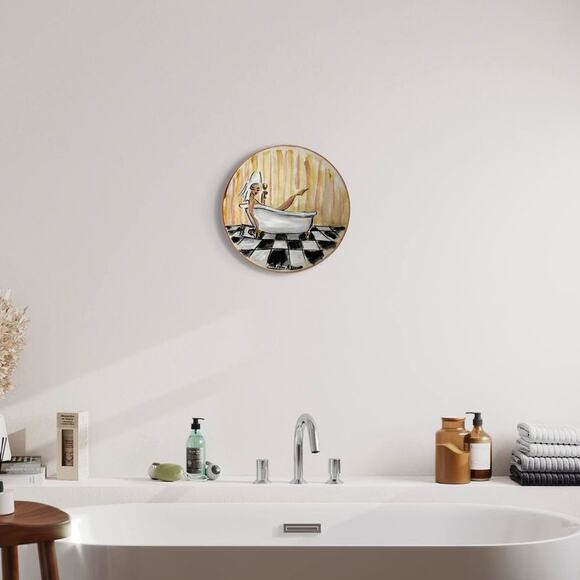 Hand-Painted Circular Canvas Art - Relaxing Bath Scene - Picture 1 of 2